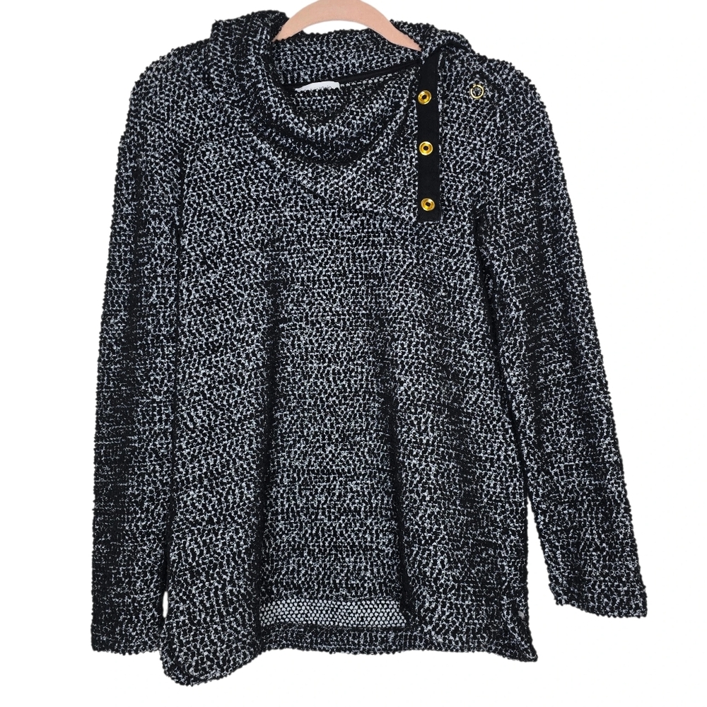 Calvin Klein Boucle Knit Textured Cowl Neck Sweater in a black and white